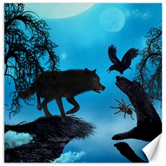 Awesome Black Wolf With Crow And Spider Canvas 16  X 16  by FantasyWorld7