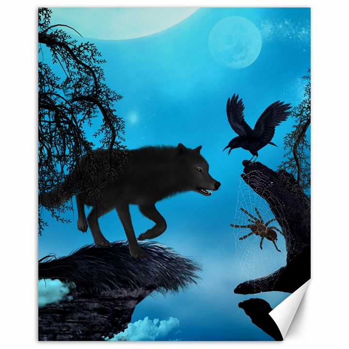 Awesome Black Wolf With Crow And Spider Canvas 16  x 20 