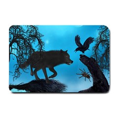 Awesome Black Wolf With Crow And Spider Small Doormat  by FantasyWorld7