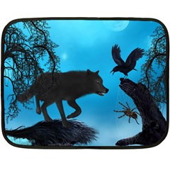 Awesome Black Wolf With Crow And Spider Double Sided Fleece Blanket (mini)  by FantasyWorld7