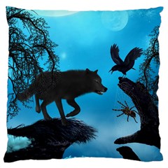 Awesome Black Wolf With Crow And Spider Large Cushion Case (two Sides) by FantasyWorld7