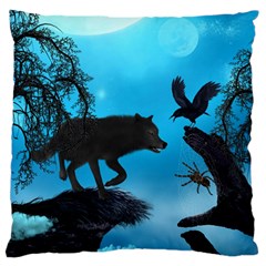 Awesome Black Wolf With Crow And Spider Large Flano Cushion Case (one Side) by FantasyWorld7