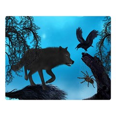 Awesome Black Wolf With Crow And Spider Double Sided Flano Blanket (large)  by FantasyWorld7