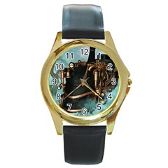 Spirit Of Steampunk, Awesome Train In The Sky Round Gold Metal Watch by FantasyWorld7