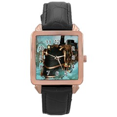 Spirit Of Steampunk, Awesome Train In The Sky Rose Gold Leather Watch  by FantasyWorld7