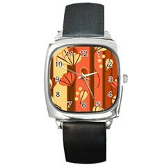 Amber Yellow Stripes Leaves Floral Square Metal Watch by Mariart