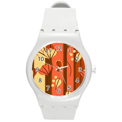 Amber Yellow Stripes Leaves Floral Round Plastic Sport Watch (m) by Mariart