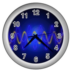 Light Shining Blue Frequency Sine Wall Clock (silver) by Pakrebo