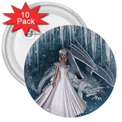 Wonderful Girl With Ice Dragon 3  Buttons (10 Pack)  by FantasyWorld7