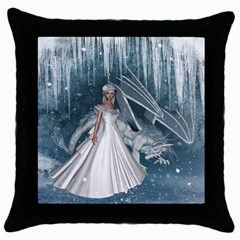 Wonderful Girl With Ice Dragon Throw Pillow Case (black) by FantasyWorld7