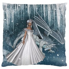 Wonderful Girl With Ice Dragon Large Cushion Case (two Sides) by FantasyWorld7