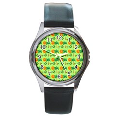 Holiday Tropical Smiley Face Palm Round Metal Watch by Pakrebo