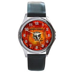 Awesome Skull With Celtic Knot With Fire On The Background Round Metal Watch by FantasyWorld7