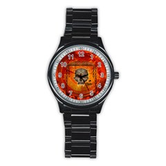 Awesome Skull With Celtic Knot With Fire On The Background Stainless Steel Round Watch by FantasyWorld7