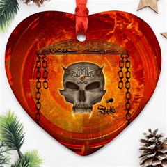 Awesome Skull With Celtic Knot With Fire On The Background Ornament (heart) by FantasyWorld7