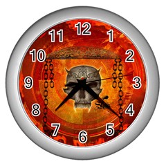 Awesome Skull With Celtic Knot With Fire On The Background Wall Clock (silver) by FantasyWorld7