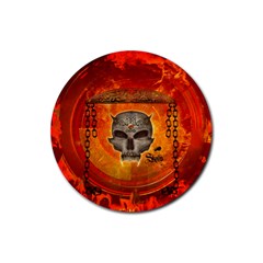 Awesome Skull With Celtic Knot With Fire On The Background Rubber Round Coaster (4 Pack)  by FantasyWorld7