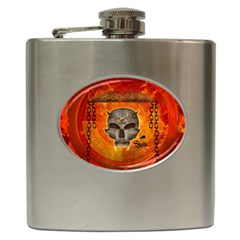 Awesome Skull With Celtic Knot With Fire On The Background Hip Flask (6 Oz) by FantasyWorld7