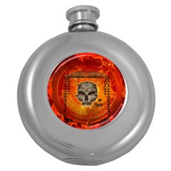 Awesome Skull With Celtic Knot With Fire On The Background Round Hip Flask (5 Oz) by FantasyWorld7