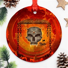 Awesome Skull With Celtic Knot With Fire On The Background Round Ornament (two Sides) by FantasyWorld7