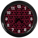 Peace And Love Typographic Print Pattern Wall Clock (Black) Front