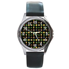 St Patricks Day Pattern Round Metal Watch by Valentinaart