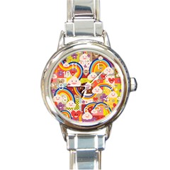 Rainbow Vintage Retro Style Kids Rainbow Vintage Retro Style Kid Funny Pattern With 80s Clouds Round Italian Charm Watch by genx