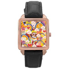 Rainbow Vintage Retro Style Kids Rainbow Vintage Retro Style Kid Funny Pattern With 80s Clouds Rose Gold Leather Watch  by genx