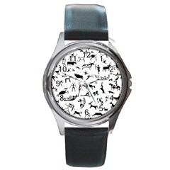 Petroglyph Runic Cavemen Nordic Black Paleo Drawings Pattern Round Metal Watch by snek