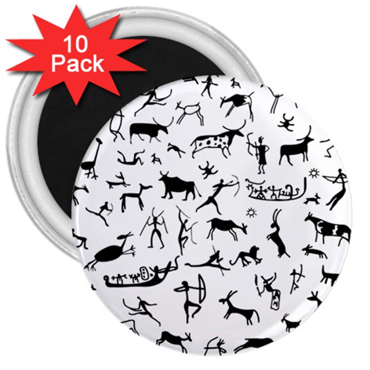 Petroglyph Runic Cavemen Nordic Black Paleo Drawings Pattern 3  Magnets (10 pack) 