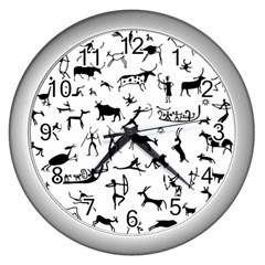 Petroglyph Runic Cavemen Nordic Black Paleo Drawings Pattern Wall Clock (silver) by snek