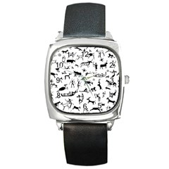 Petroglyph Runic Cavemen Nordic Black Paleo Drawings Pattern Square Metal Watch by snek