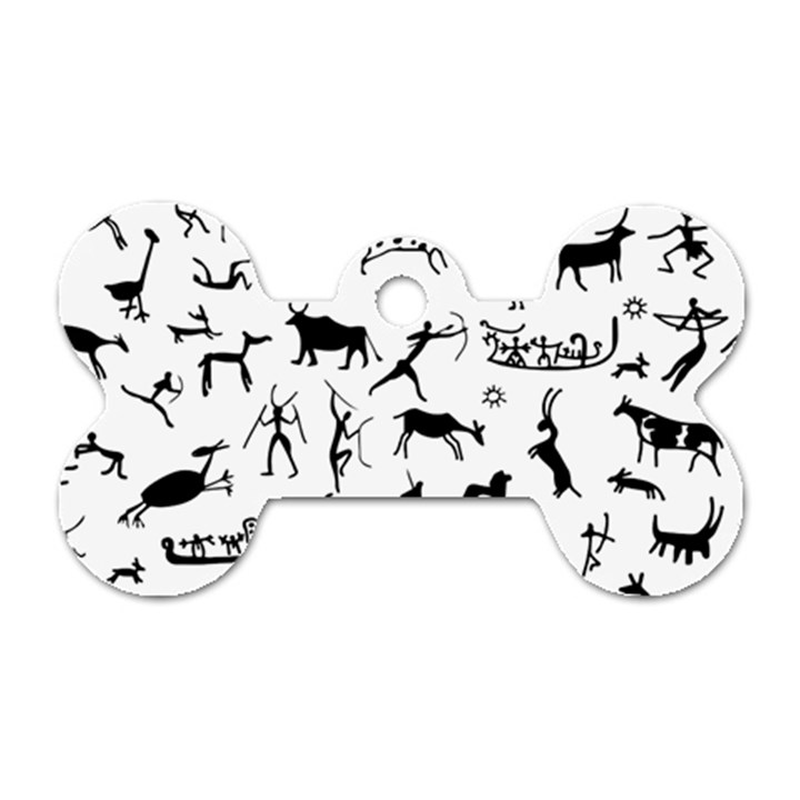 Petroglyph Runic Cavemen Nordic Black Paleo Drawings Pattern Dog Tag Bone (Two Sides)