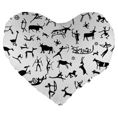 Petroglyph Runic Cavemen Nordic Black Paleo Drawings Pattern Large 19  Premium Flano Heart Shape Cushions by snek