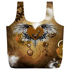 Wonderful Steampunk Heart With Wings, Clocks And Gears Full Print Recycle Bag (xl) by FantasyWorld7