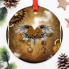 Wonderful Steampunk Heart With Wings, Clocks And Gears Ornament (round) by FantasyWorld7