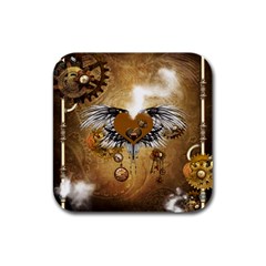 Wonderful Steampunk Heart With Wings, Clocks And Gears Rubber Square Coaster (4 Pack) 