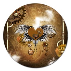 Wonderful Steampunk Heart With Wings, Clocks And Gears Magnet 5  (round) by FantasyWorld7