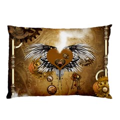 Wonderful Steampunk Heart With Wings, Clocks And Gears Pillow Case (two Sides) by FantasyWorld7