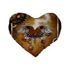 Wonderful Steampunk Heart With Wings, Clocks And Gears Standard 16  Premium Flano Heart Shape Cushions by FantasyWorld7