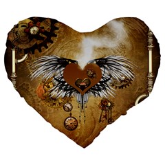 Wonderful Steampunk Heart With Wings, Clocks And Gears Large 19  Premium Flano Heart Shape Cushions