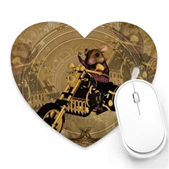 Funny Cute Mouse On A Motorcycle Heart Mousepads