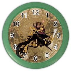 Funny Cute Mouse On A Motorcycle Color Wall Clock