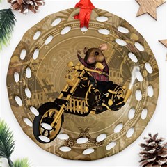 Funny Cute Mouse On A Motorcycle Round Filigree Ornament (Two Sides)