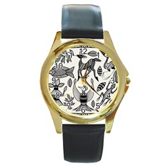 African Senufo Korhogo Tribal Ethnic Art Elements Vector Round Gold Metal Watch by BluedarkArt