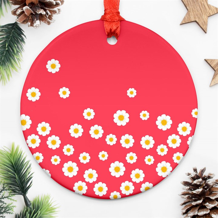 Flowers White Daisies Pattern Red Background Flowers White Daisies Pattern Red Bottom Ornament (Round)