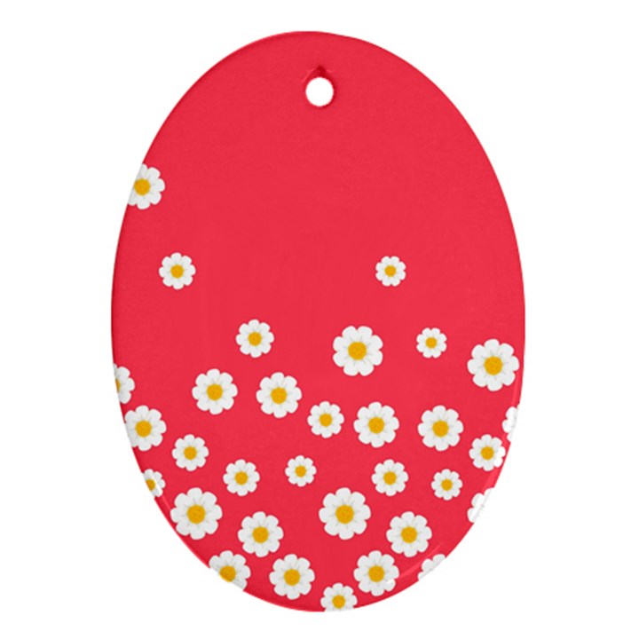 Flowers White Daisies Pattern Red Background Flowers White Daisies Pattern Red Bottom Oval Ornament (Two Sides)