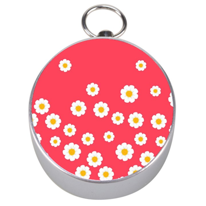 Flowers White Daisies Pattern Red Background Flowers White Daisies Pattern Red Bottom Silver Compasses