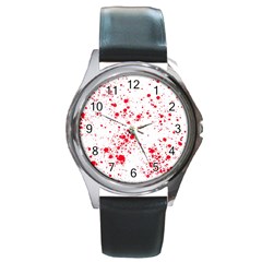 Red And White Splatter Abstract Print Round Metal Watch by dflcprintsclothing