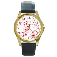 Red And White Splatter Abstract Print Round Gold Metal Watch by dflcprintsclothing